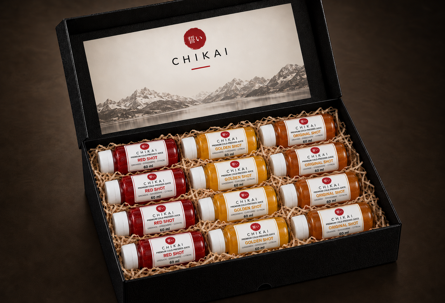 Illustration du coffret CHIKAI pour douze shots de 60 ml